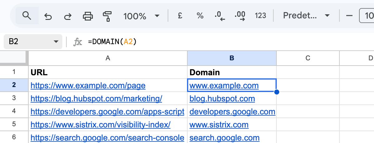DOMAIN custom function extracting domains from URLs in Google Sheets