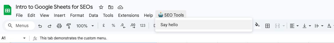 Custom SEO Tools menu in Google Sheets created with Apps Script
