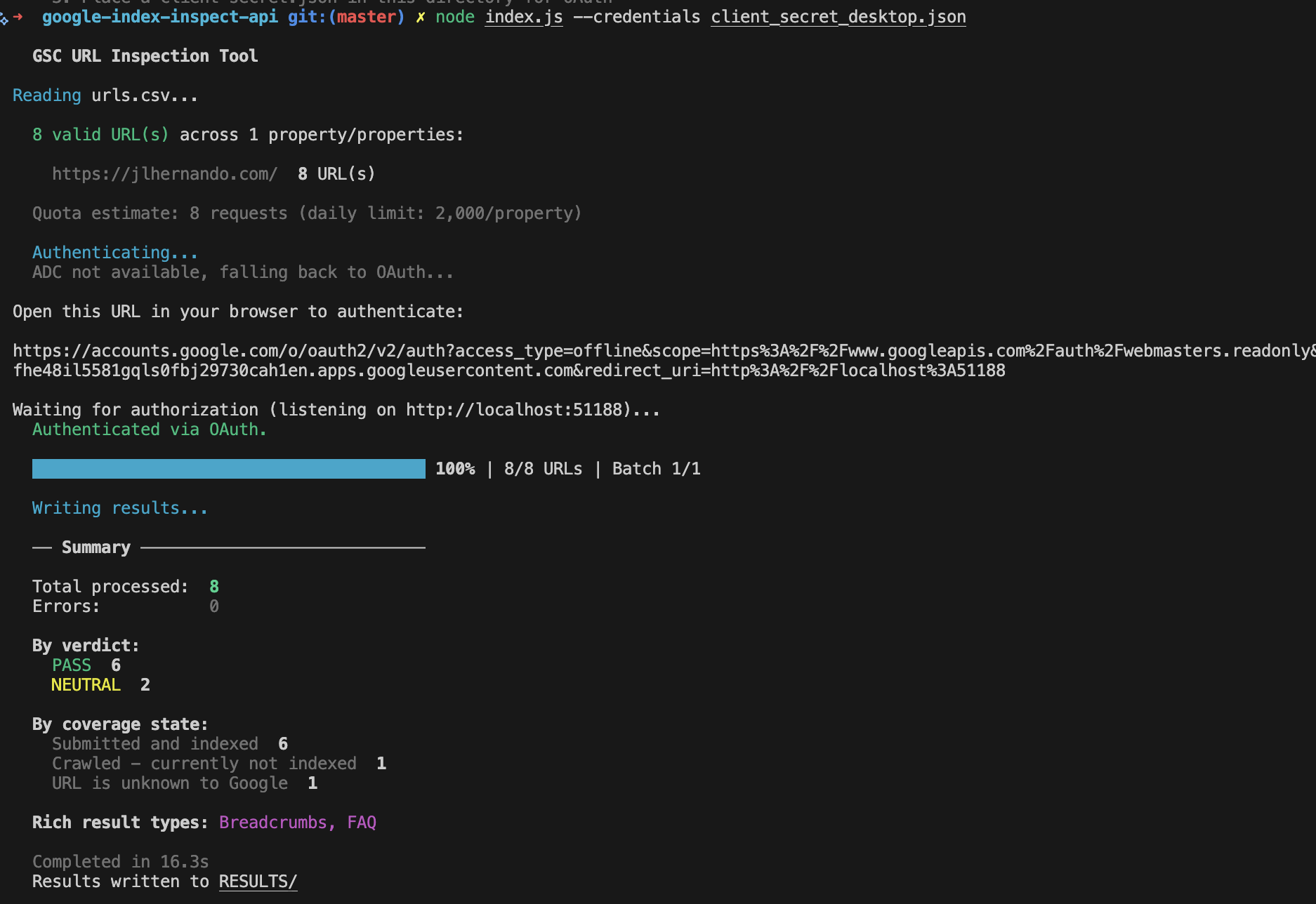 Screenshot of terminal showing the CLI running with the progress bar and batch processing output