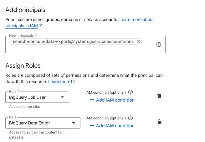 Adding the GSC service account with BigQuery Job User and Data Editor roles in the IAM console