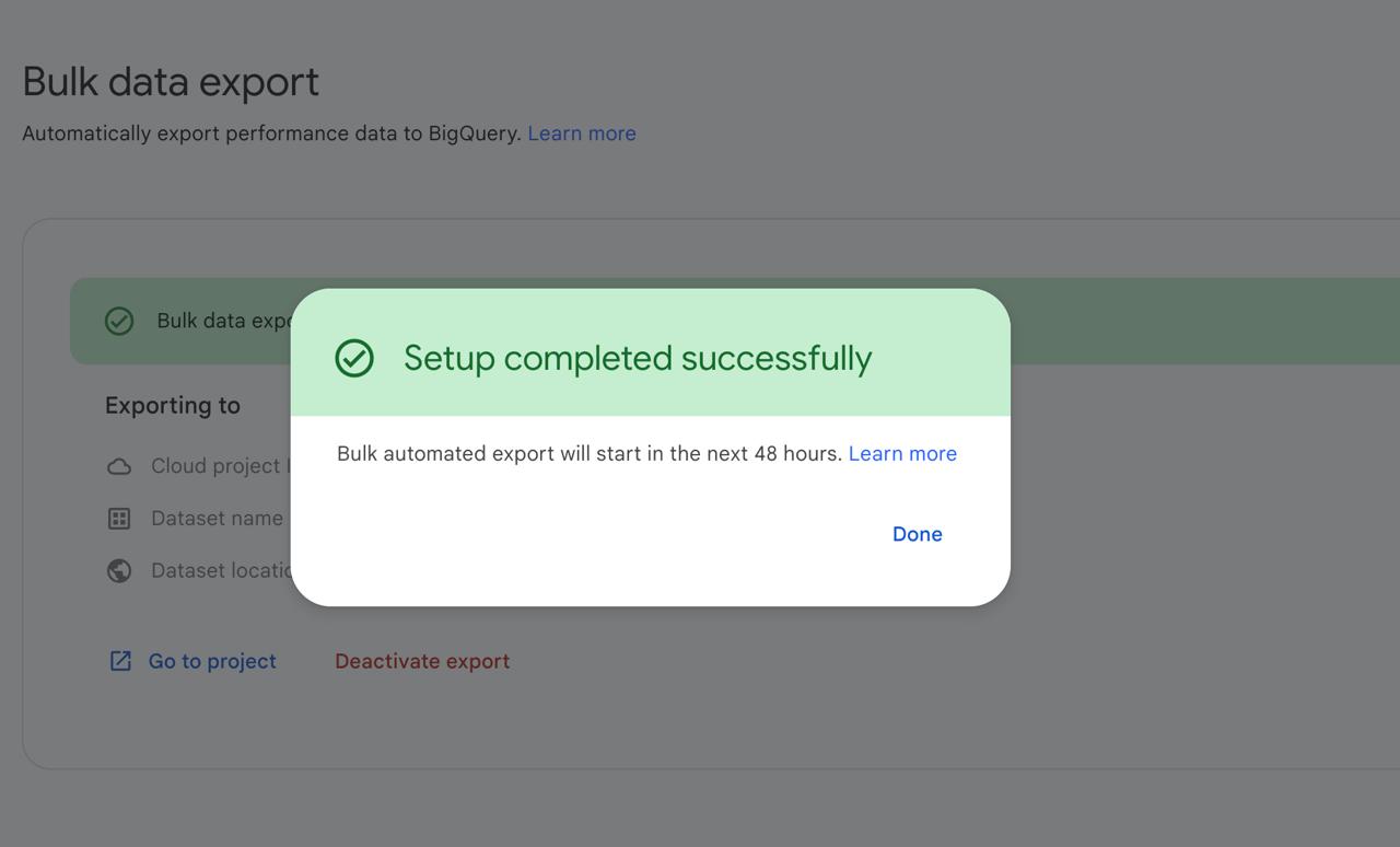 Setup completed successfully — bulk automated export will start in the next 48 hours