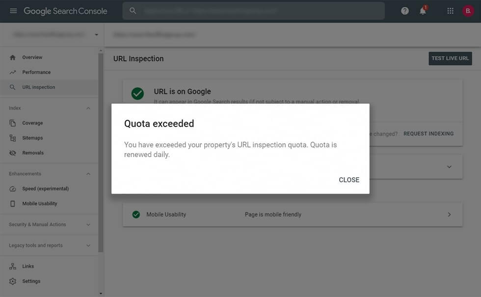 Quota exceeded URL Inspection Tool message