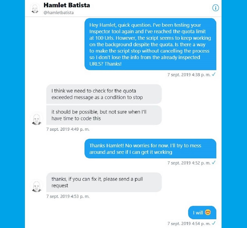 twitter message to Hamlet Batista about URL Inspection Tool
