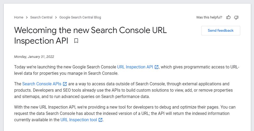 Official URL Inspection API endpoint from the Google Search Console Team