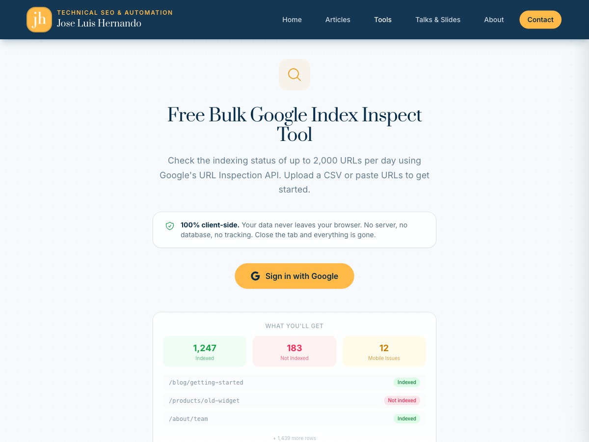 Free Bulk Google Index Inspect Tool - landing page showing the Sign in with Google button and the 3-step flow